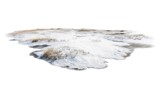 A snow-covered landscape with patches of grass peeking through, isolated on a white background, creating a serene winter atmosphere.