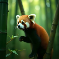 Naklejka premium A red panda is perched on a bamboo stalk, its head turned slightly to the left, amidst a blurred green background.