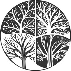Four Seasonal Trees Represented In Linocut Style High Quality Editable Vector Design And Illustration