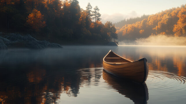 sleek wood grained canoe glides through calm water, surrounded by vibrant autumn foliage and misty reflections, creating serene and tranquil atmosphere