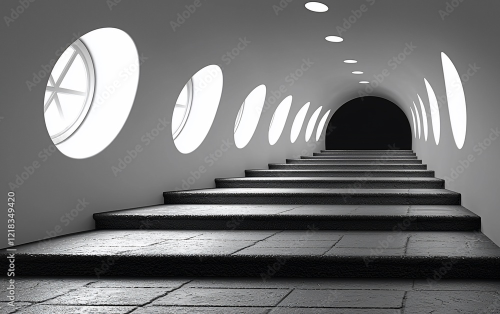 Poster Monochrome stairs ascending in a curved tunnel with circular windows.