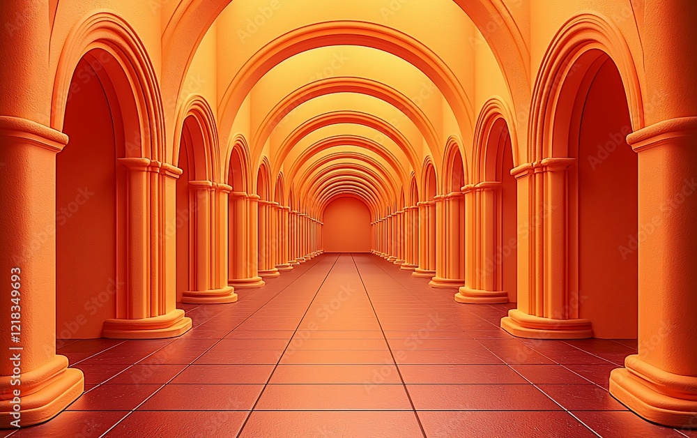 Poster orange arched hallway with columns and tiled floor.