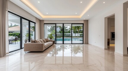 Fototapeta premium A spacious, modern living room featuring large glass doors, natural light, a comfortable sofa, and elegant marble flooring.