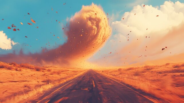 Tornado storm cyclone on autumn road vector landscape. Hurricane wind weather environmental scene with nature phenomenon in fall season. Game location panorama with nobody on asphalt pathway in desert