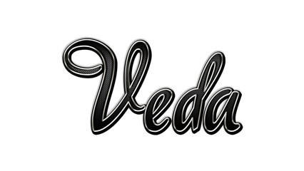 black metal 3d design of name Veda on white background.