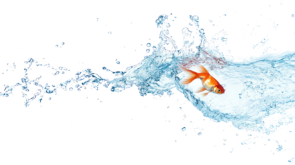 A vibrant goldfish swimming through splashes of water, creating dynamic movement. Ideal for designs focused on aquatic life or pet care.
