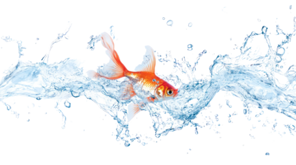 A vibrant goldfish swimming through splashes of clear water, showcasing natural beauty and agility in an aquatic environment.