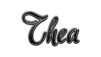 black metal 3d design of name Thea on white background.