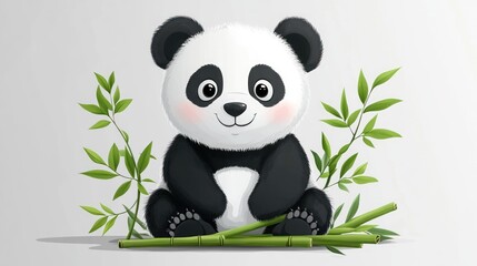 Obraz premium Adorable cartoon panda cub sitting amidst bamboo stalks.