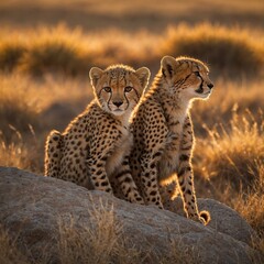 Obraz premium A pair of cheetah cubs cuddling on a rock in the golden light.