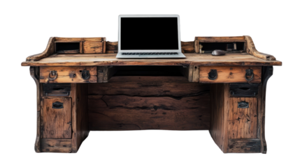 A vintage wooden desk with a laptop, showcasing a blend of rustic charm and modern technology, perfect for home office setups.