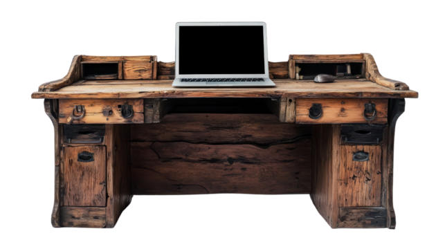 A vintage wooden desk with a laptop, showcasing a blend of rustic charm and modern technology, perfect for home office setups.