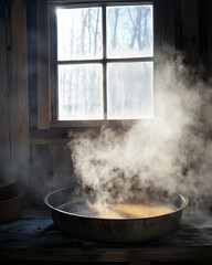 Steaming syrup pan by frosted window in rustic cabin