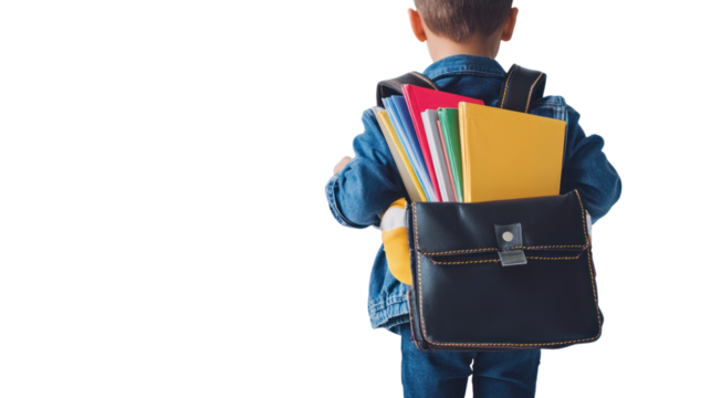 A young boy carrying a backpack filled with colorful folders and notebooks, ready for school. Clear focus on the child against a white background.