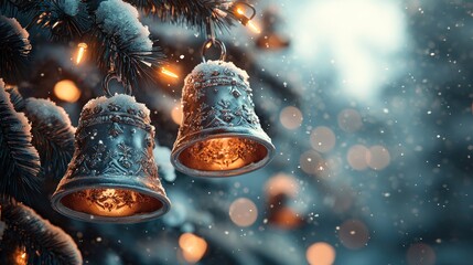 Snow-covered bells hang on tree branch with lights and bokeh; holiday background.