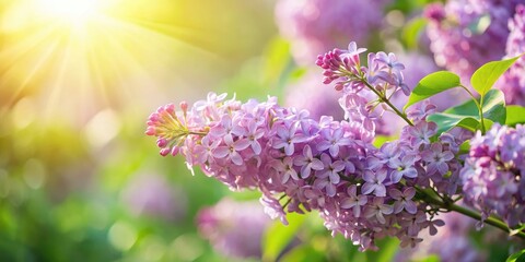Obraz premium Pastel purple lilac flowers blooming on a spring greenery background with soft sunlight filtering through the branches , botanical, foliage