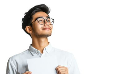 A young man wearing glasses smiles while holding a blank sheet of paper. Ideal for concepts of creativity, inspiration, and positivity.