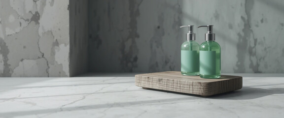 Minimalist bathroom decor, mint green glass bottles, wooden tray, concrete wall, soft lighting, muted colors, spa-like atmosphere, modern design, textured surfaces, zen aesthetic, clean lines, subtle 