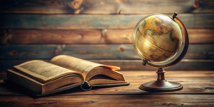 A well-worn book lies open beside a vintage terrestrial globe, resting on a rustic wooden surface.  The scene evokes a sense of exploration, adventure, and the pursuit of knowledge.