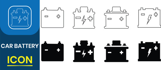 Car Battery line icon collection. Car accumulator, Auto electrical power supply, Automotive charge sign, electric vehicle batteries silhouette, battery Charging service vector illustration.