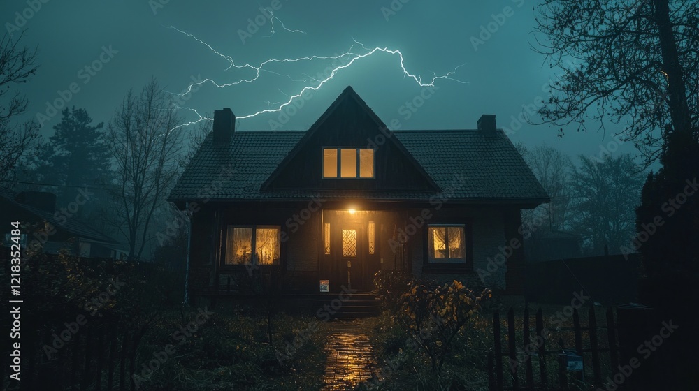 Poster A powerful display of lightning streaks across the darkened sky, casting an otherworldly glow over a quaint suburban home. Rain falls gently, enhancing the cozy ambiance inside