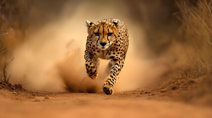Cheetah with a white spot on its face running down a dirt road