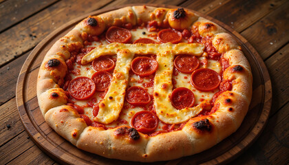 Pizza with pepperoni and pi symbol on wooden board