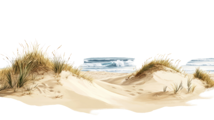 Beautiful sandy dunes with tufts of grass near the ocean, capturing a serene coastal atmosphere with soft waves in the background.