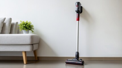 A cordless stick vacuum cleaner mounted on a wall for easy storage