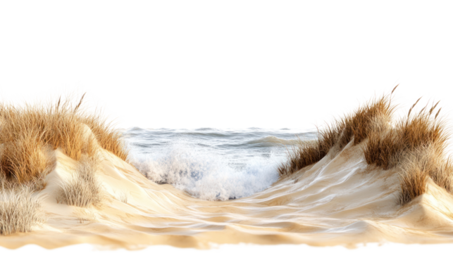 Beautiful sandy beach dunes with grass leading to a calm ocean, capturing nature's tranquility and scenic coastal views.