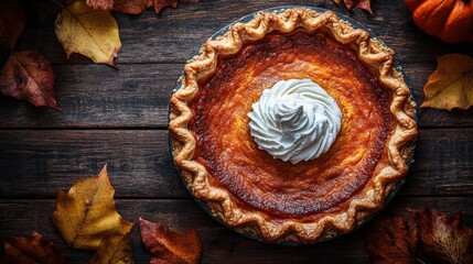 Fototapeta premium A beautifully baked pumpkin pie with whipped cream on a rustic wooden table surrounded by autumn leaves