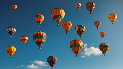 Fototapeta premium Colorful Air Balloons Floating in Blue Sky, Dreamy Aerial Adventure