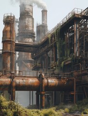 Abandoned Industrial Plant Overgrown with Nature Depicts Post-Apocalyptic Decay and Environmental Reclamation.