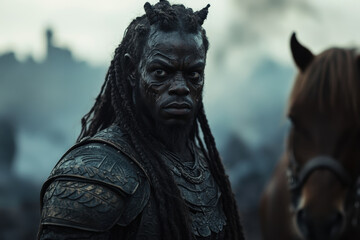 Warrior in Battle Armor with Horse in Misty Battlefield