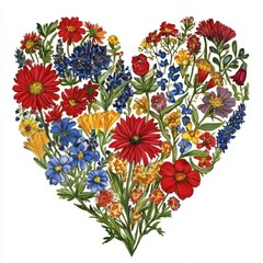 Vibrant Heart Shaped Arrangement of Colorful Wildflowers for Spring and Summer Celebrations
