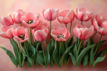 Fototapeta premium Delicate Pink Tulips on Soft Pink Background with Copy Space, Minimalist Flat Lay Design for Valentine's Day or Romantic Occasions