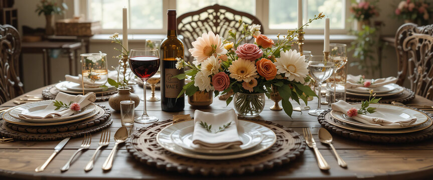 Elegant table setting, Thanksgiving dinner, ornate china plates, crystal glassware, floral centerpiece, autumn colors, warm lighting, rustic wooden table, intricate placemats, polished silverware, win