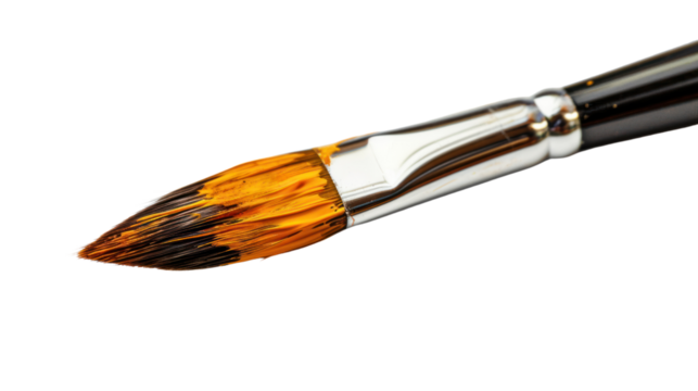 Close-up of a professional paintbrush with fine bristles, perfect for artists. The brush features a shiny metal ferrule and a sleek black handle.