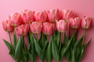 Obraz premium Soft Pink Tulips on Minimalist Pink Background with Copy Space for Valentine’s Day or Romantic Messages and E-Commerce Banners.