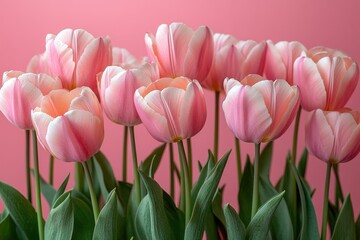 Fototapeta premium Valentine’s Day Inspired Minimalist Flat Lay of Pink Tulips on Soft Pink Background with Copy Space for Romantic Text.