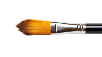 Close-up of an artist's paintbrush with golden bristles, perfect for creating vibrant artworks on a white isolated background.