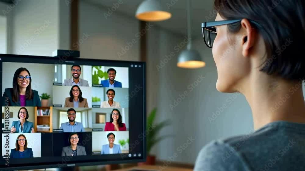 Poster a person sits in front of a computer monitor and participates in a video conference.