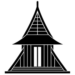 silhouette of a traditional Japanese house with a pagoda-style roof and sliding doors