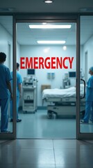 Modern Emergency Room Entrance with Glass Doors and Red Lettering