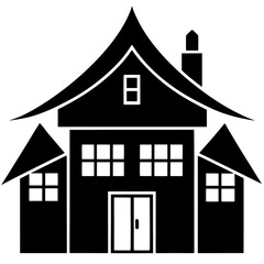 silhouette of a cozy cottage with a steep roof, chimney, and small windows