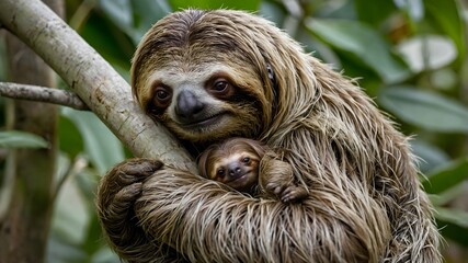 Naklejka premium Sloth with Baby: A Heartwarming Moment Between Mother and Child