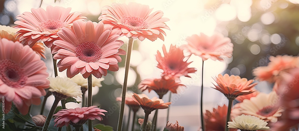 Aufkleber charming garden with soft pink gerbera flowers in foreground, blurred background with warm sunlight 