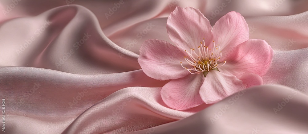 Fototapete delicate pink flower positioned center-left on soft blush silk background, emphasizing fragility and