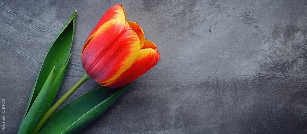 Poster Top-down view of a vibrant red and yellow tulip with green leaves on a textured gray concrete background leaving ample negative space for text.