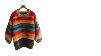 Colorful knitted sweater hanging against a white background, showcasing vibrant stripes and a cozy design, perfect for autumn or winter fashion.